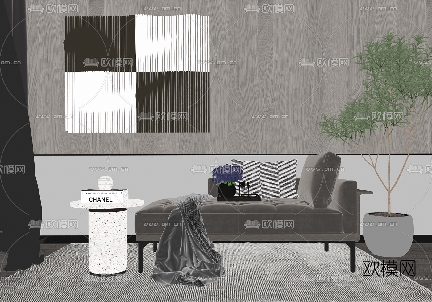 现代轻奢贵妃椅su模型下载（渲染图2）