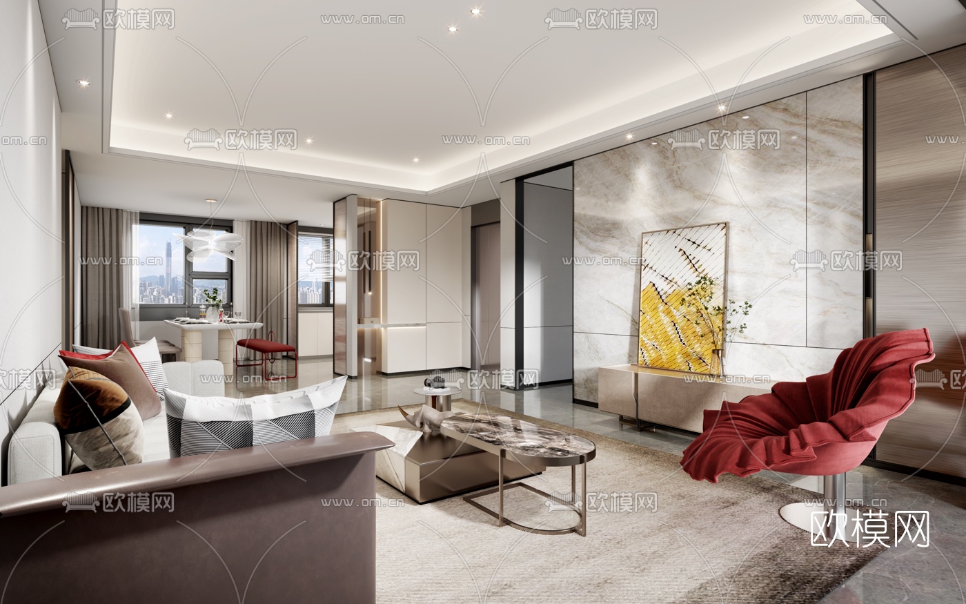 现代客厅餐厅3d模型下载