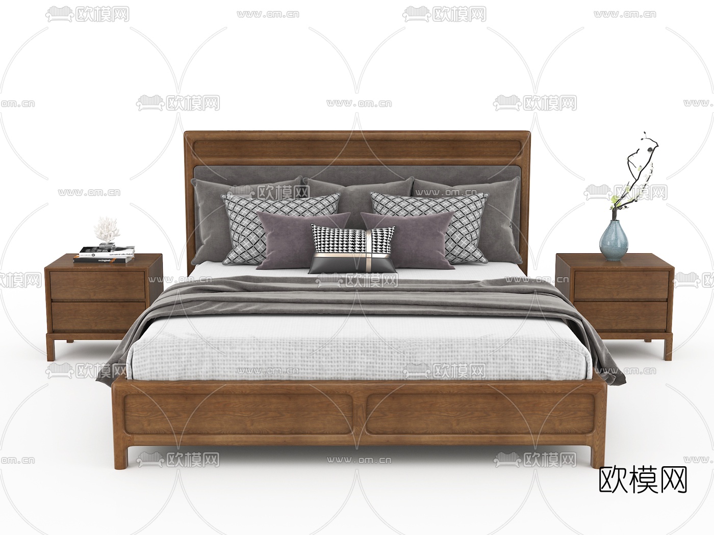 中式布艺双人床3d模型下载