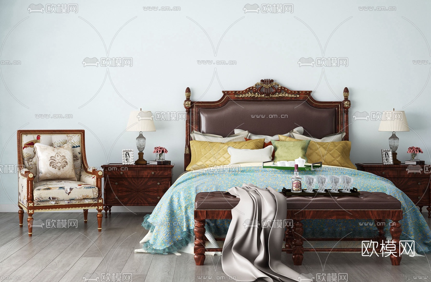 欧式双人床脚踏3d模型下载