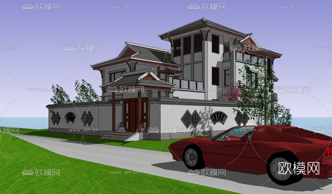 中式山地别墅su模型下载（渲染图2）