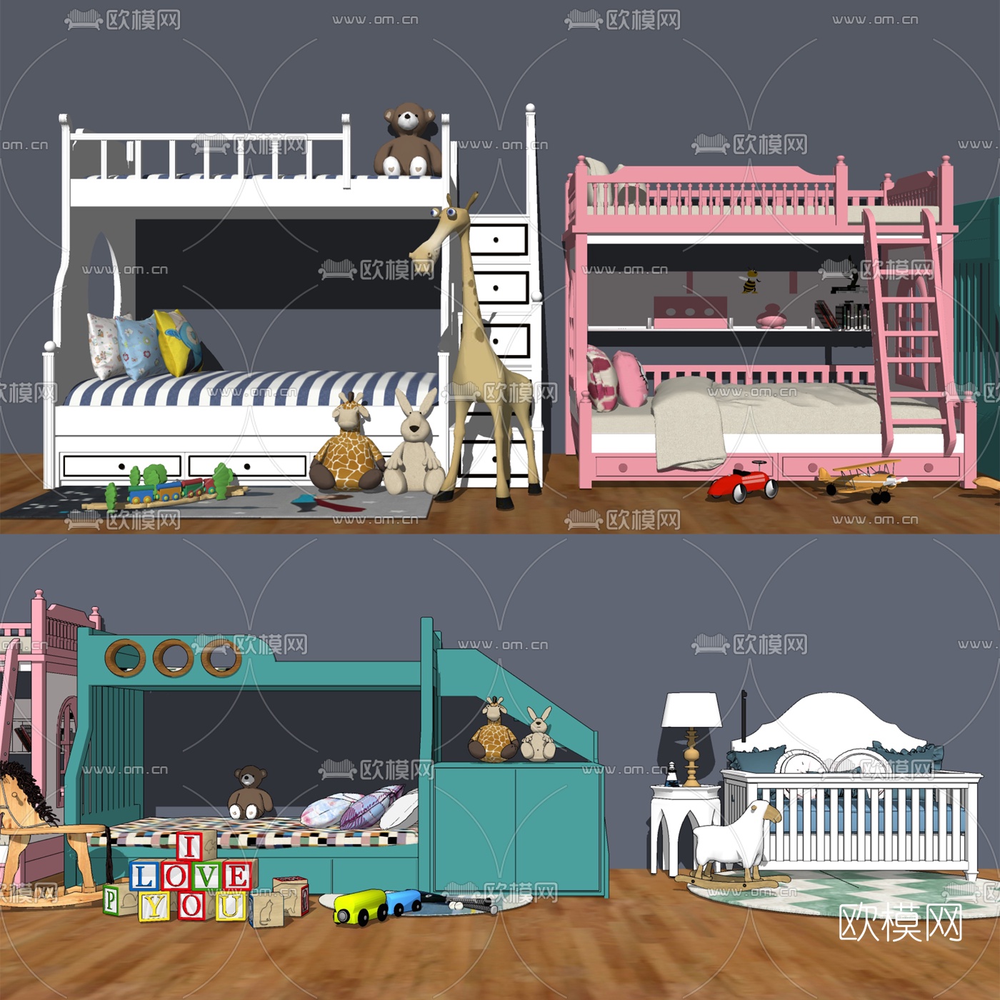 美式儿童上下床玩具组合su模型下载