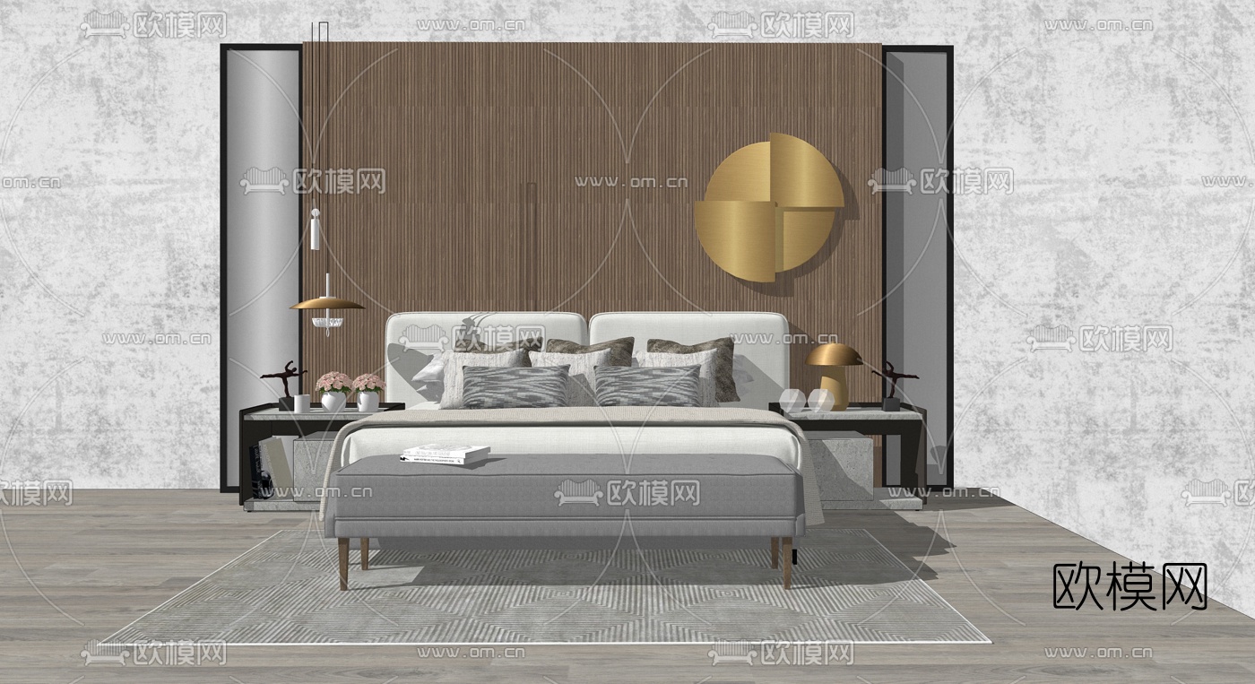 新中式双人床组合su模型下载