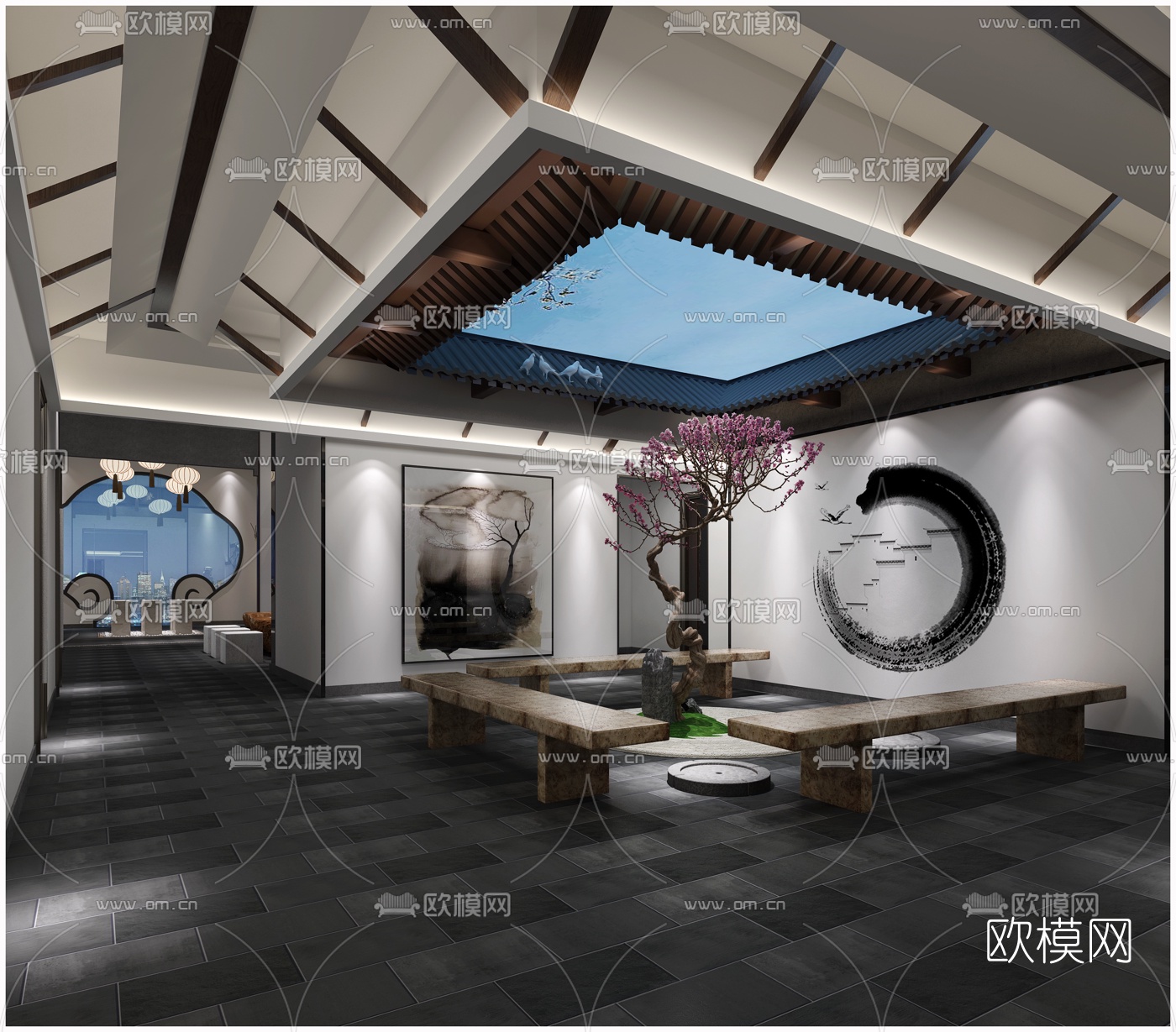 中式会所大厅庭院过道组合3D模型