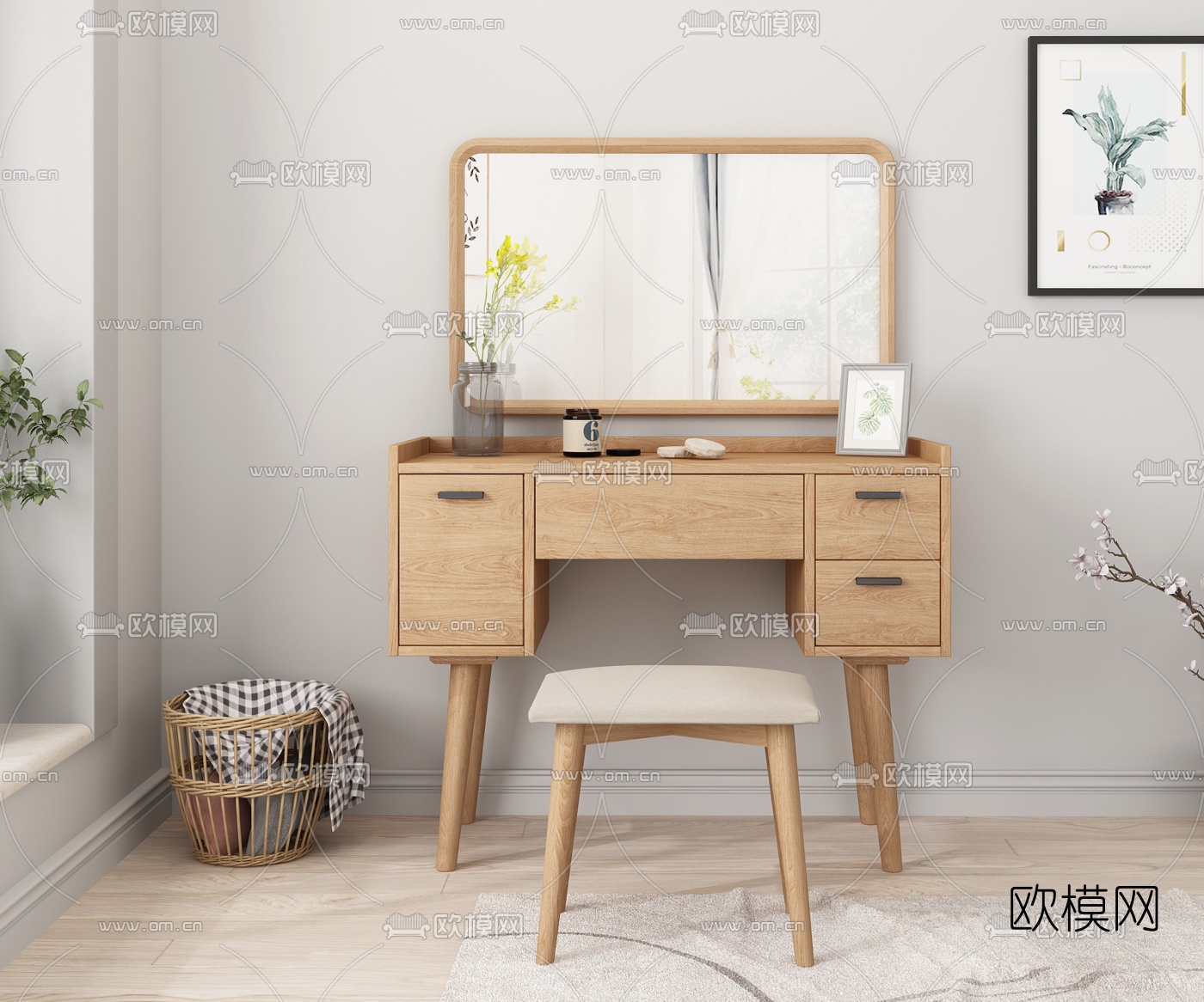 北欧实木梳妆台3d模型下载（渲染图1）