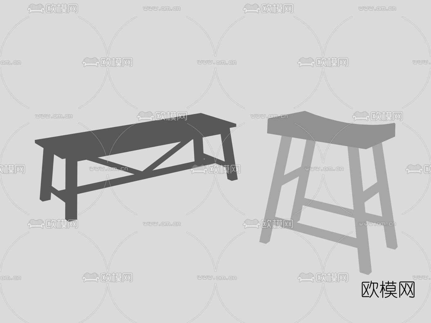 现代实木凳子3d模型下载（渲染图2）