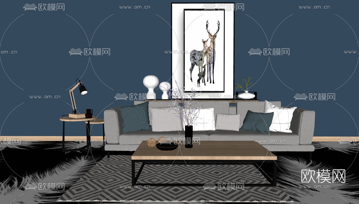 北欧布艺多人沙发组合su模型下载（渲染图1）