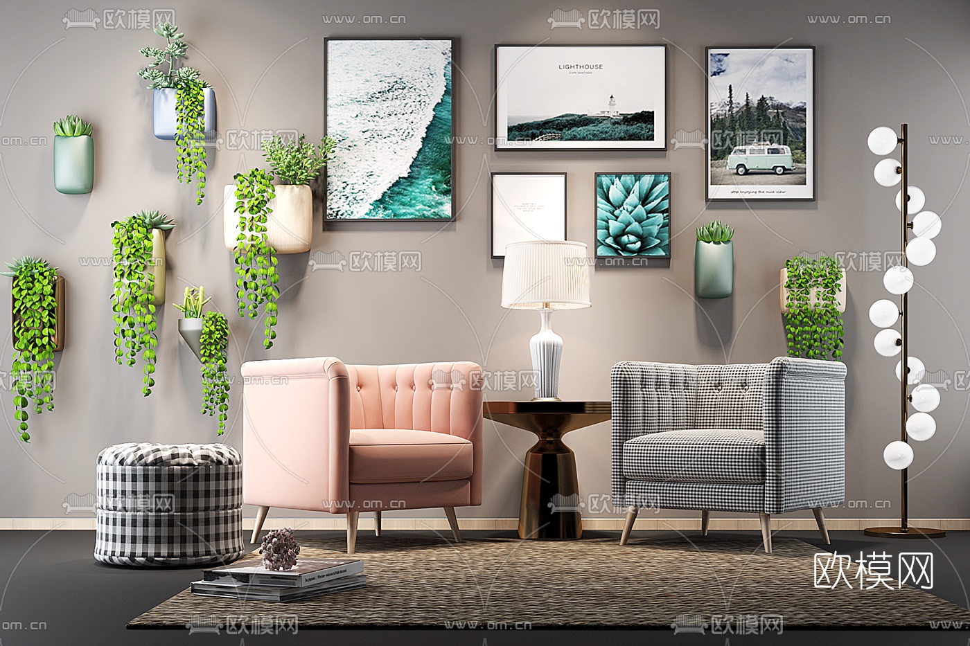 北欧单人沙发圆几3d模型下载