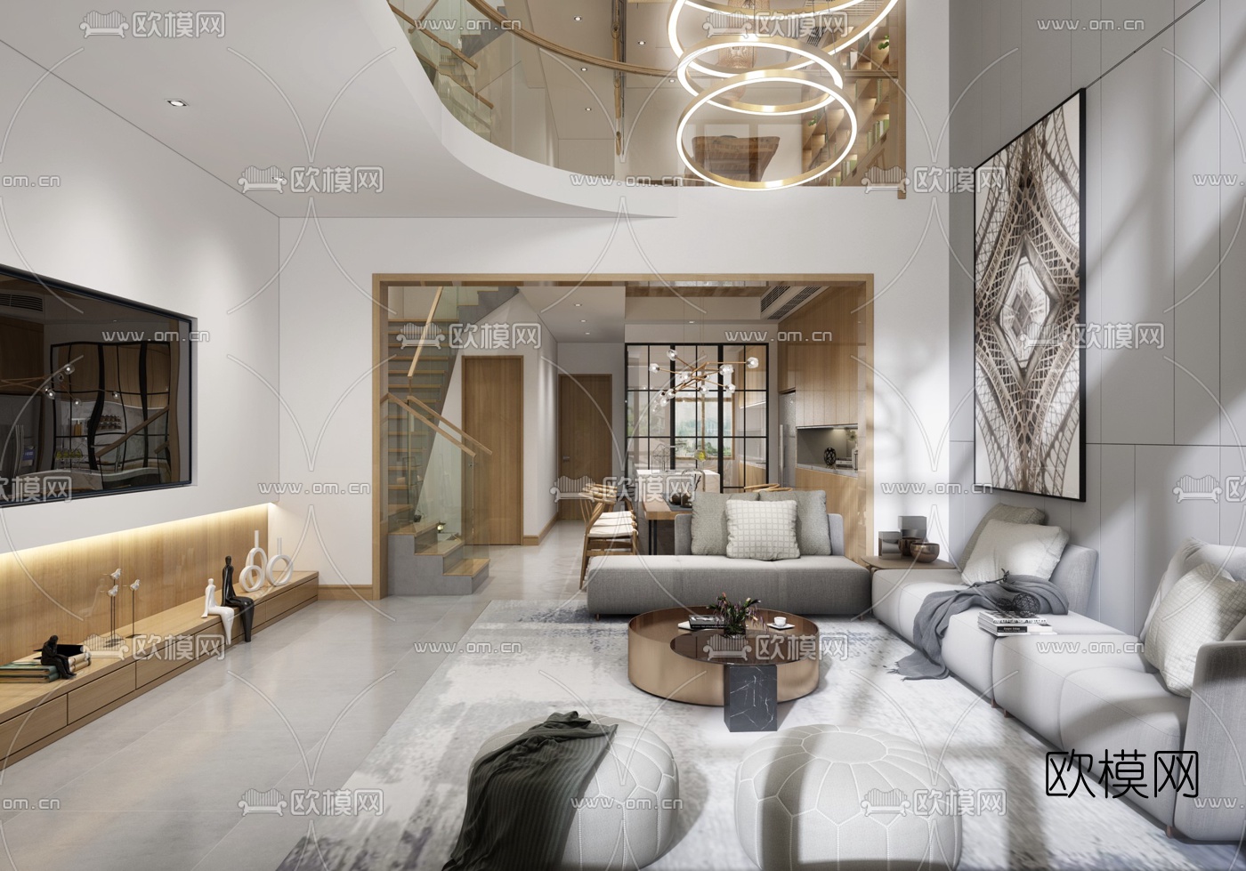 新中式别墅客厅餐厅书房3d模型下载（渲染图1）