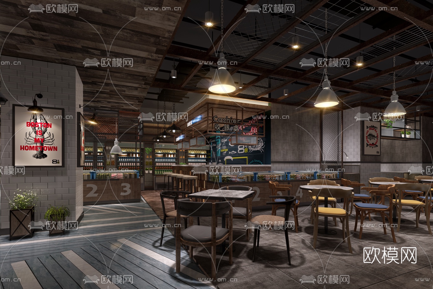 工业风主题餐厅3d模型下载（渲染图1）