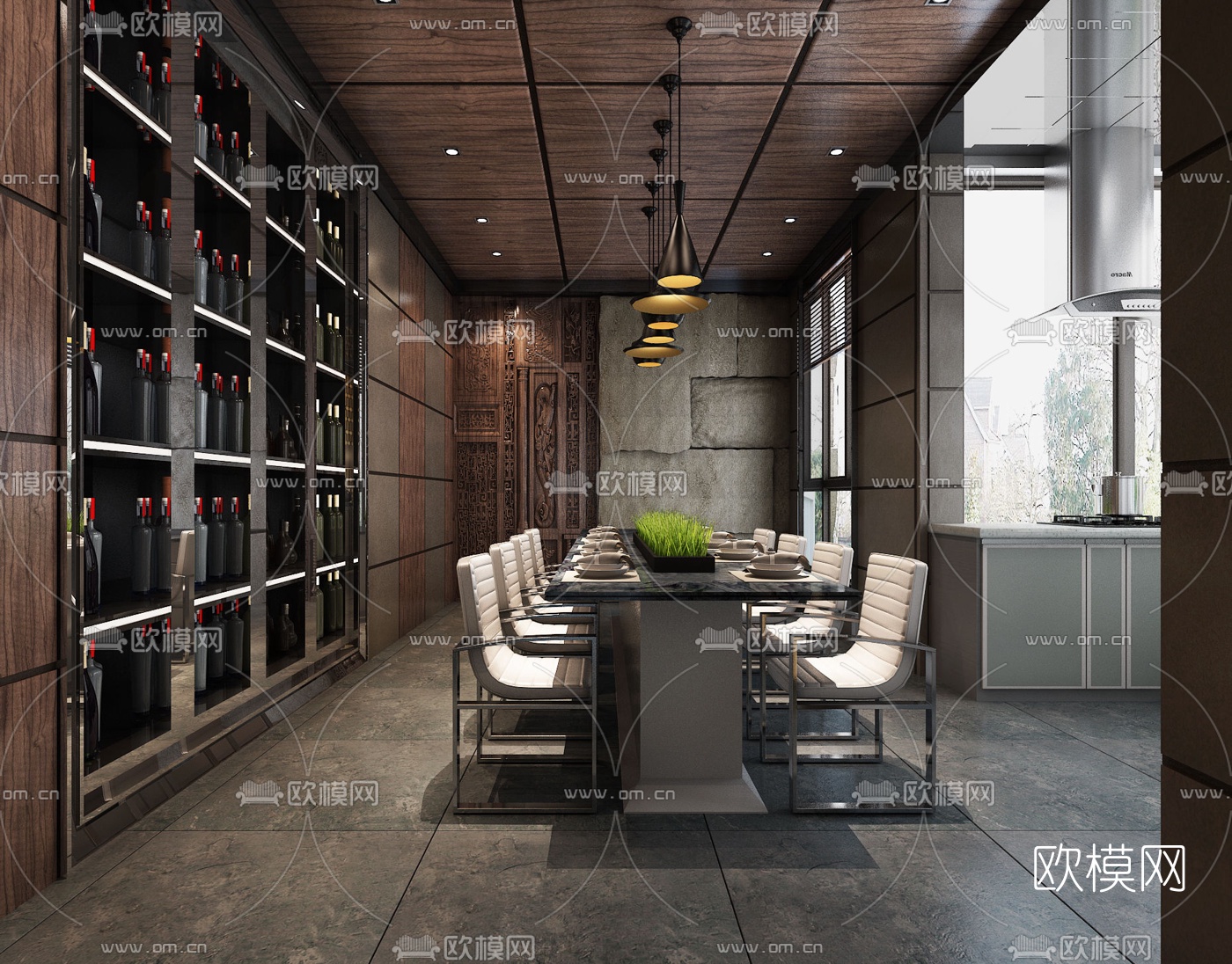 中式客厅餐厅玄关3D模型下载（渲染图3）