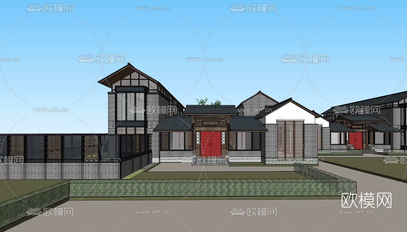 新中式四合院su模型下载（渲染图3）