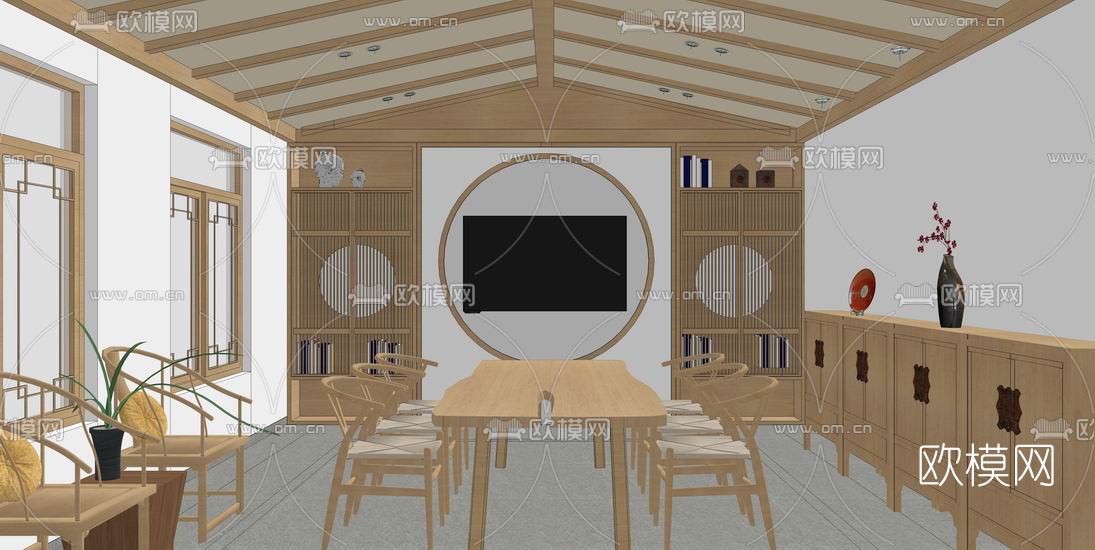 新中式接待室su模型下载