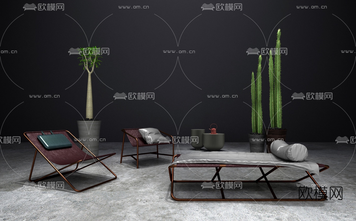 意大利BAXTER品牌 工业风铁艺沙发躺椅盆栽组合3D模型