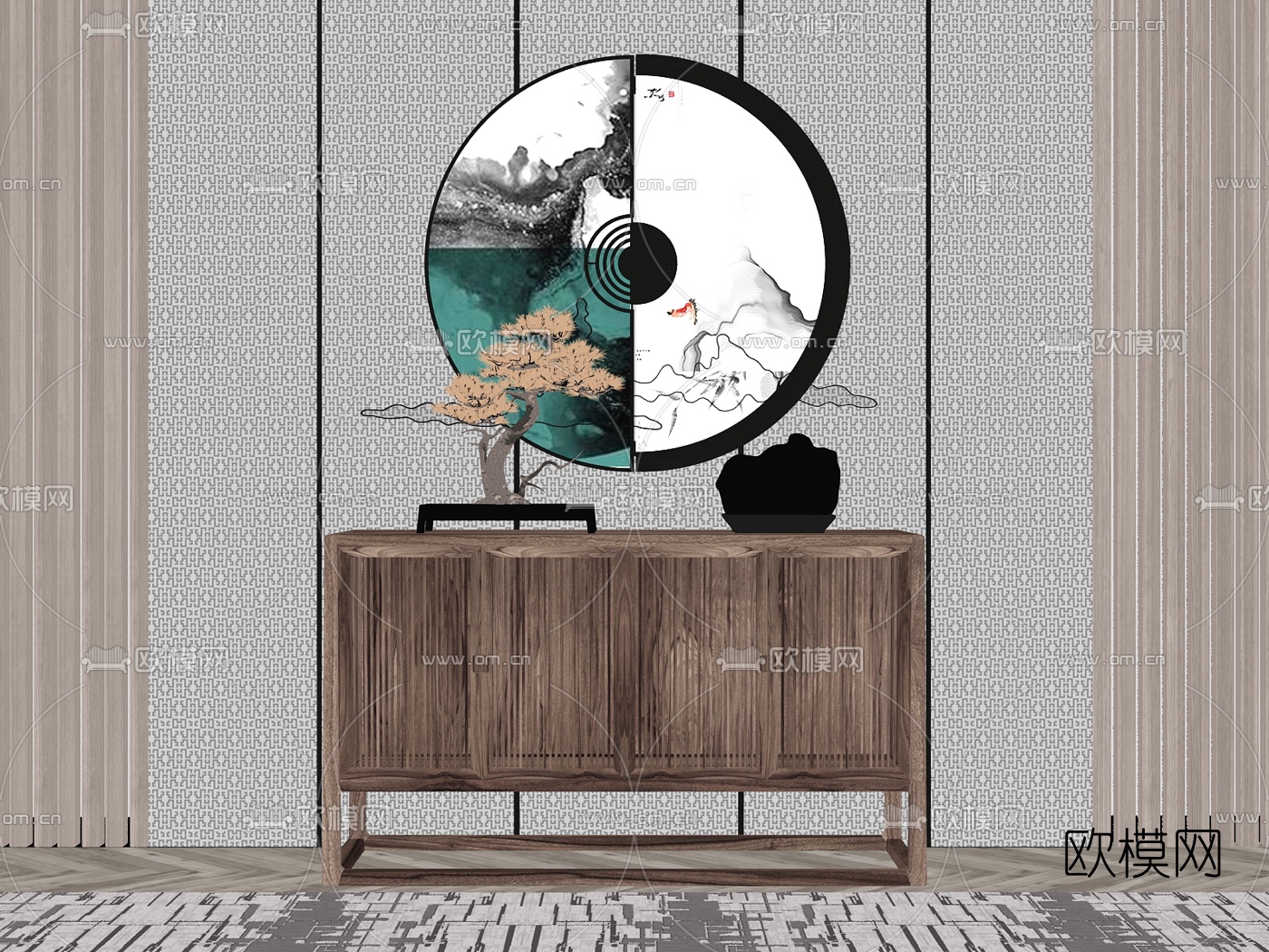 新中式轻奢端景柜su模型下载（渲染图2）