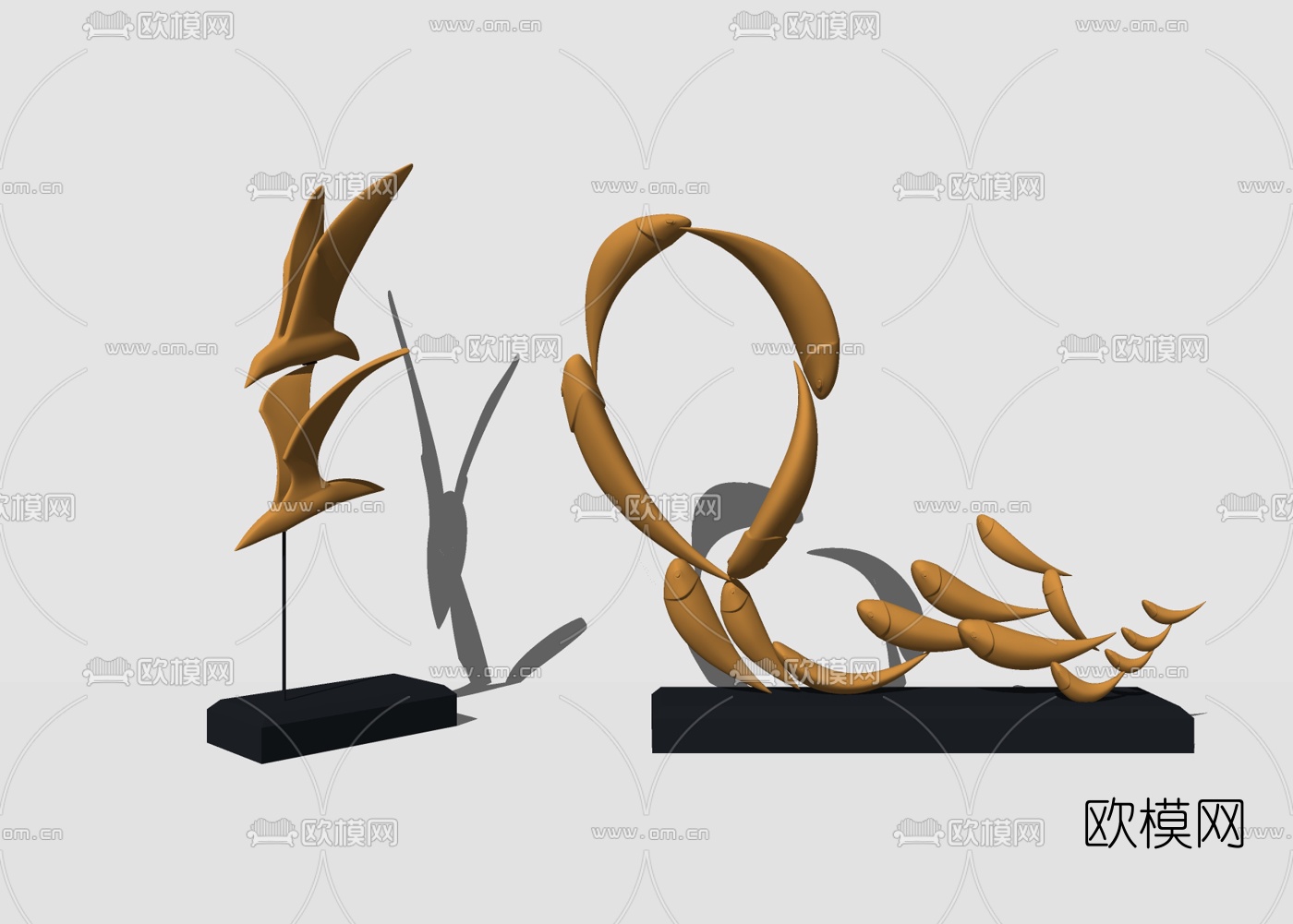 现代金属鱼鸟雕塑su模型下载