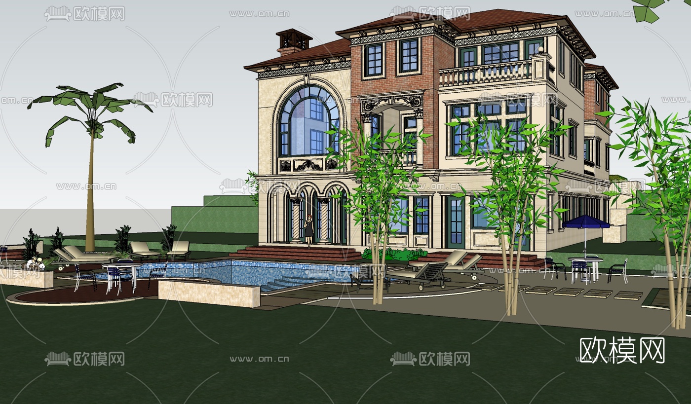 欧式独栋别墅su模型下载（渲染图1）