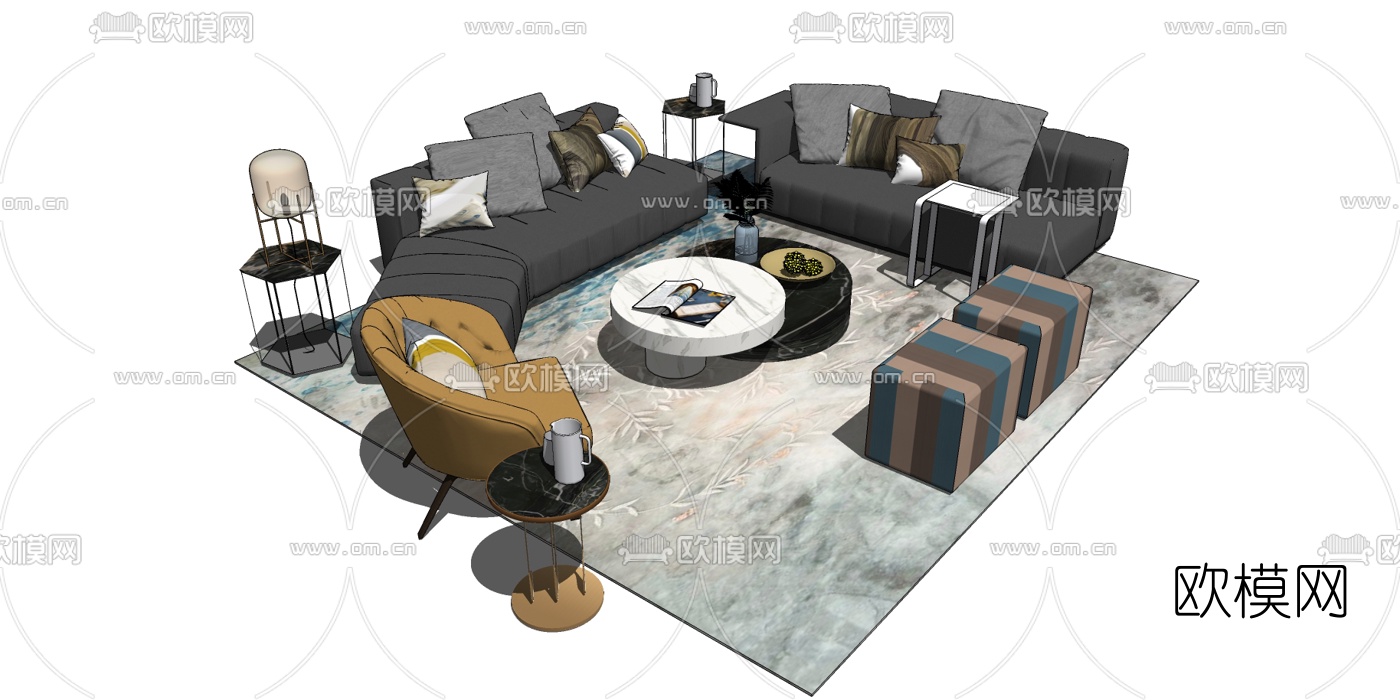现代布艺多人沙发组合su模型下载