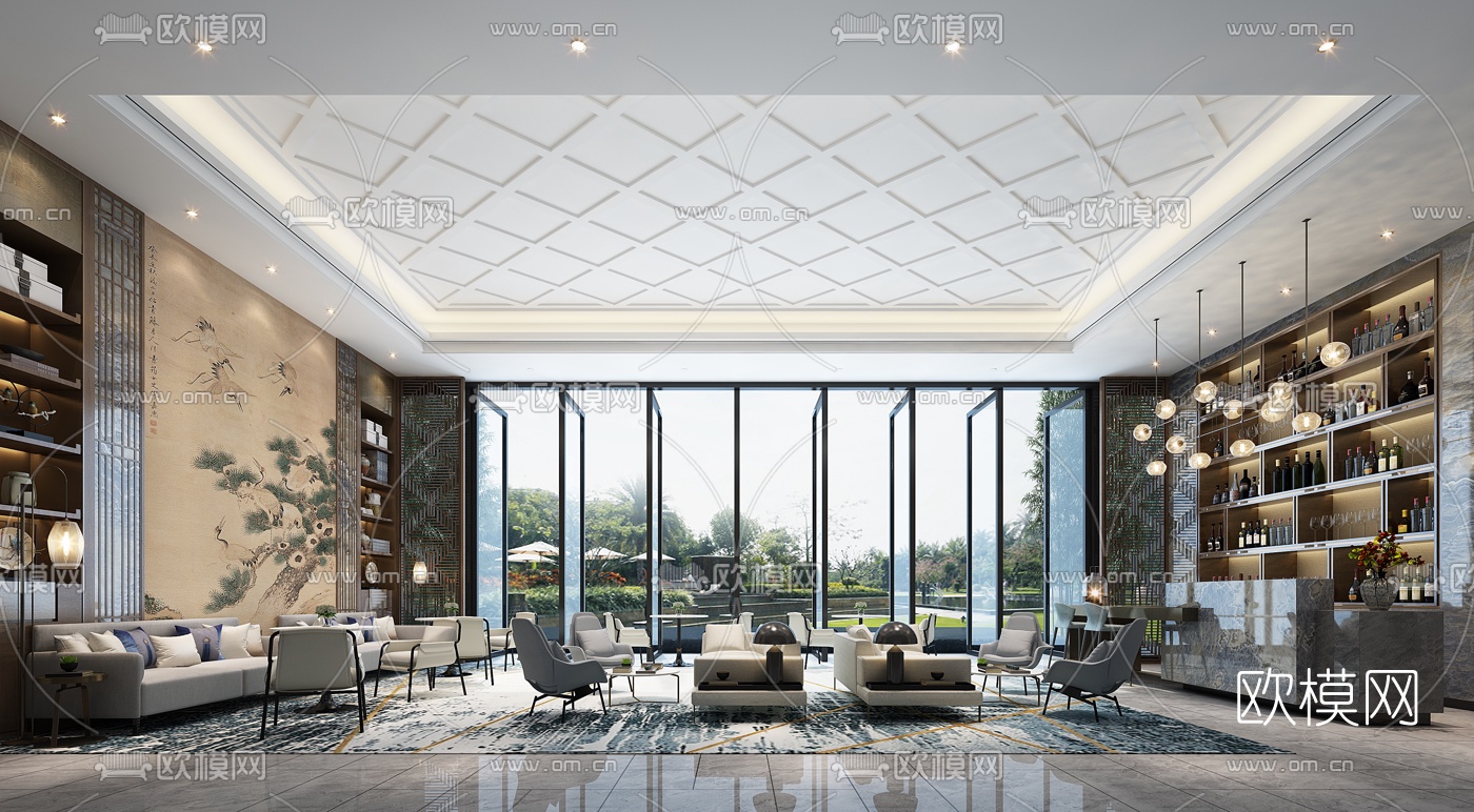 新中式酒店大堂吧3d模型下载