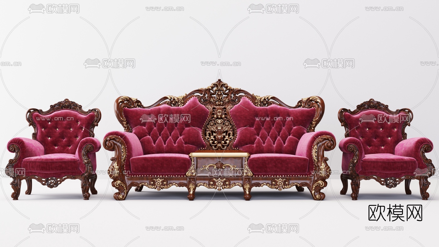 欧式布艺雕花单人双人沙发3d模型下载（渲染图1）