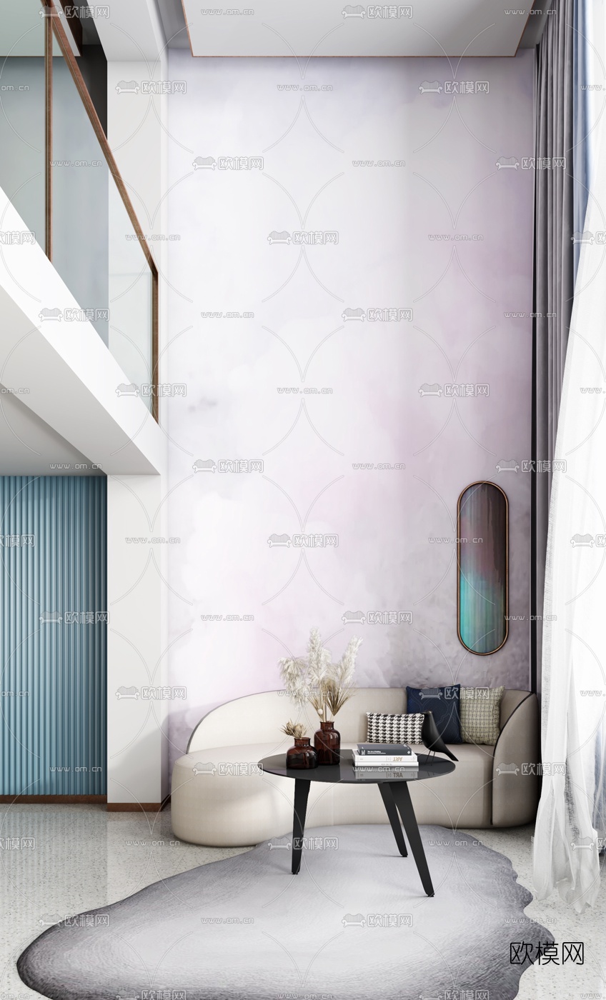 北欧复式公寓客厅餐厅3d模型下载（渲染图1）