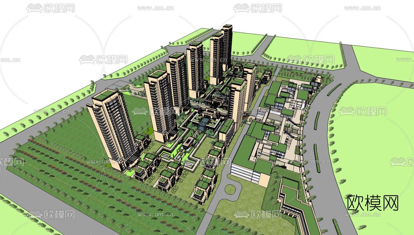新中式小区规划su模型下载（渲染图7）