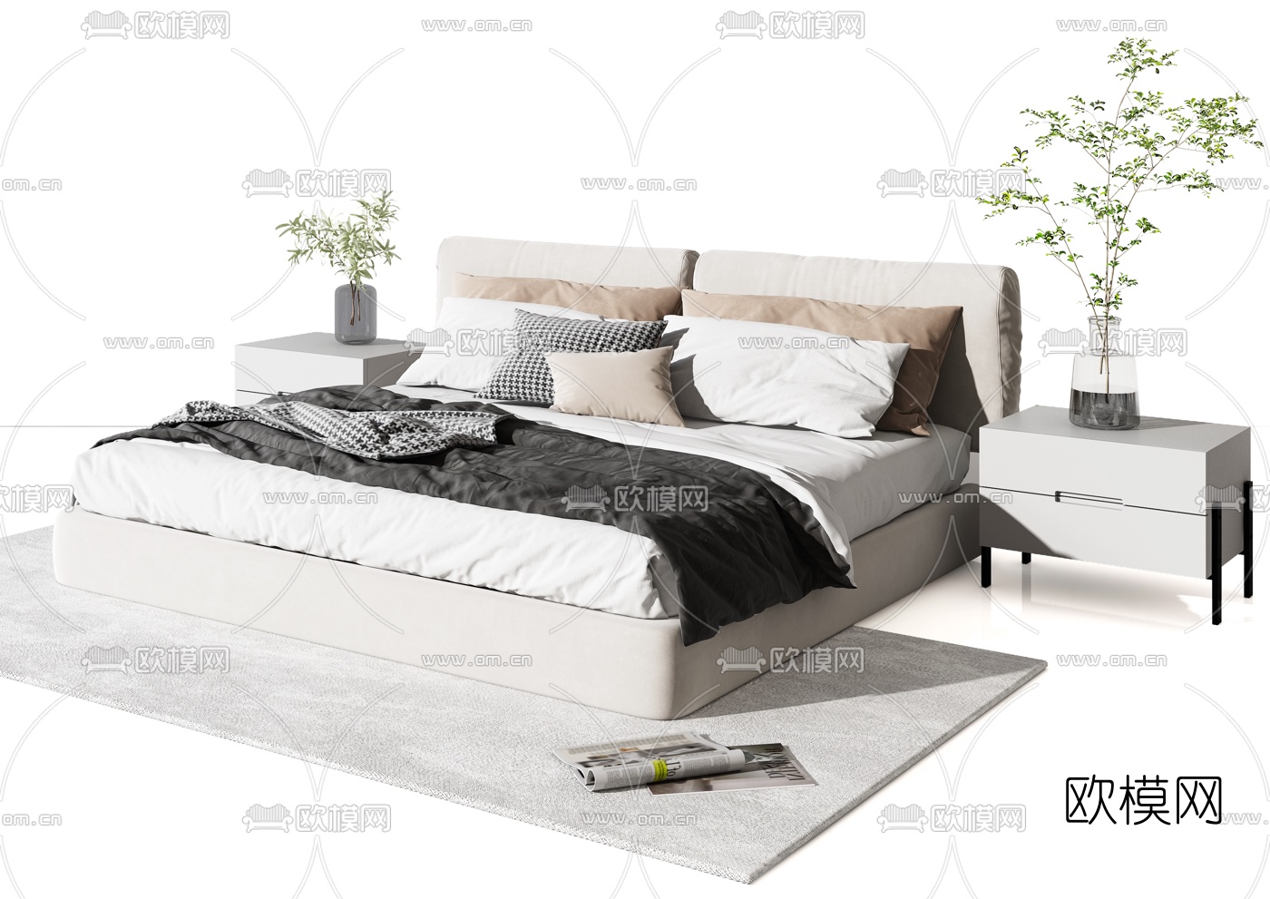 现代布艺双人床3d模型下载