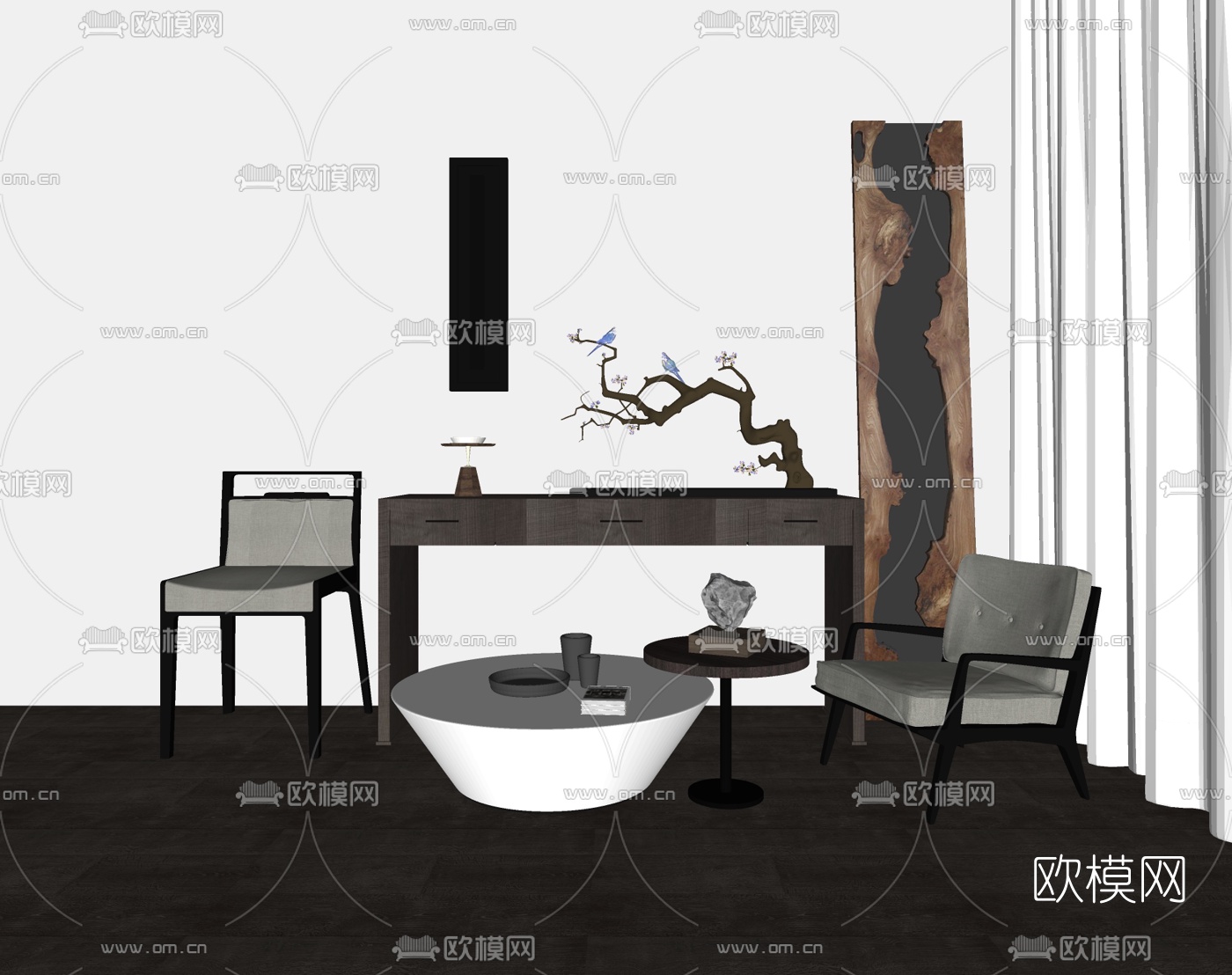 新中式边柜单椅组合su模型下载（渲染图1）