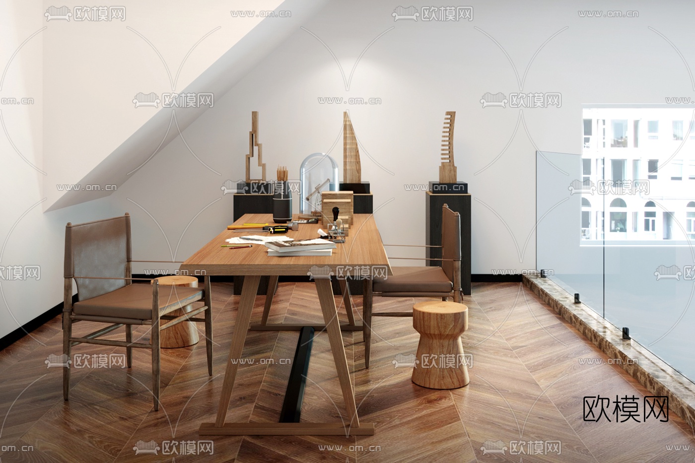 阅界装饰设计 现代原木工作台操作台3d模型