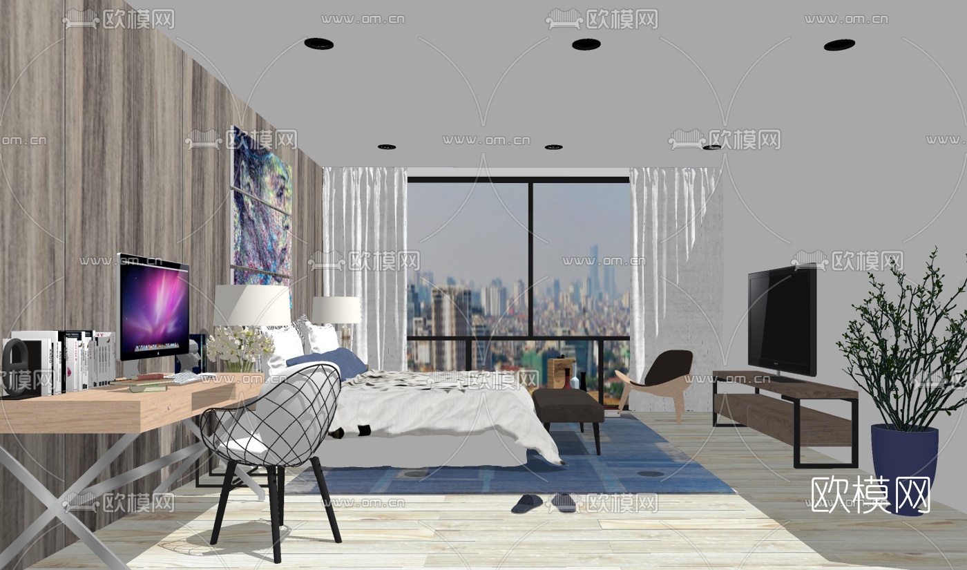 北欧卧室主人房su模型下载（渲染图2）