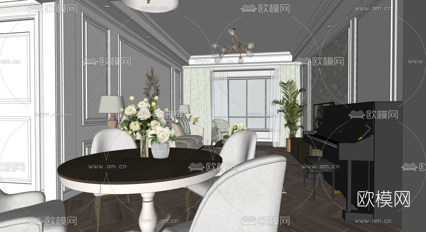 美式客餐厅su模型下载（渲染图3）