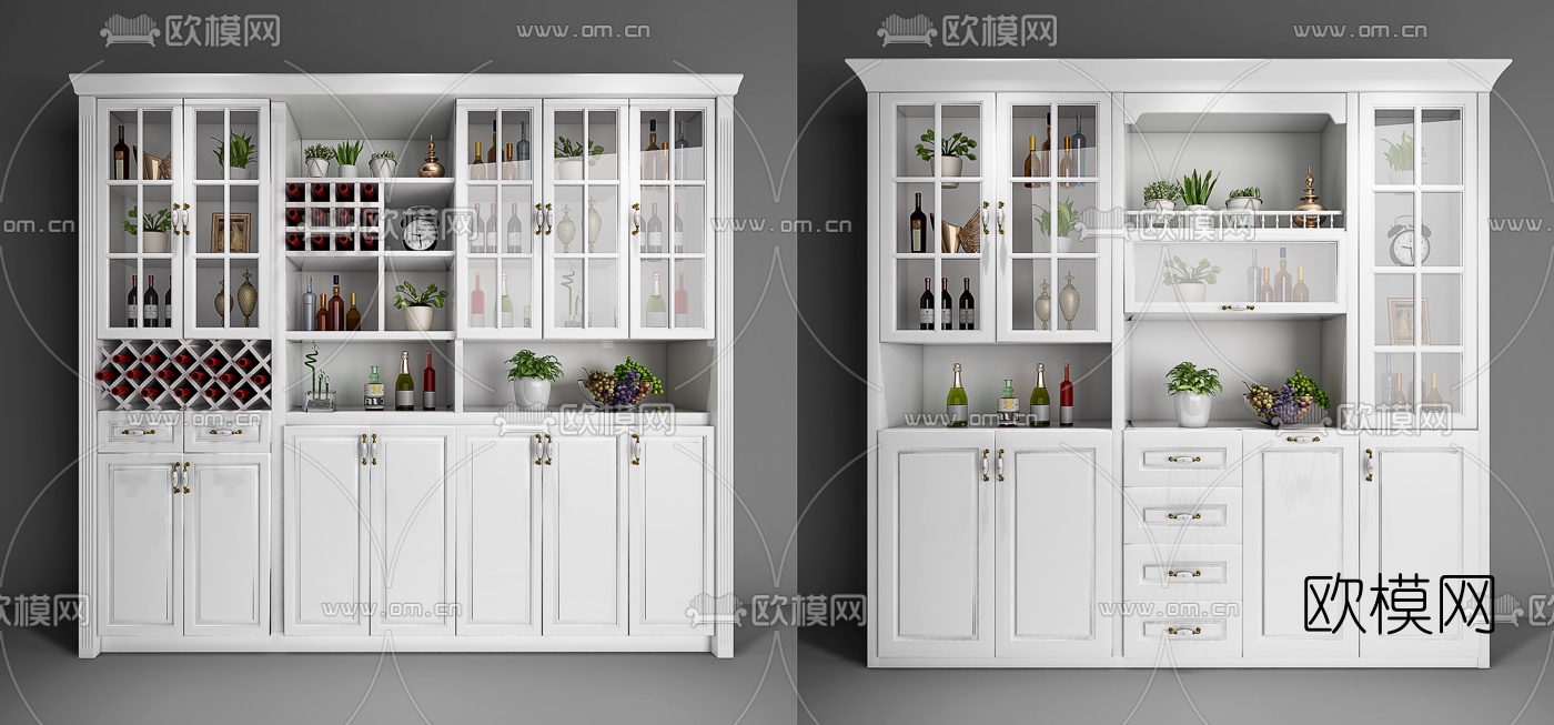 简欧实木酒柜酒水组合3D模型