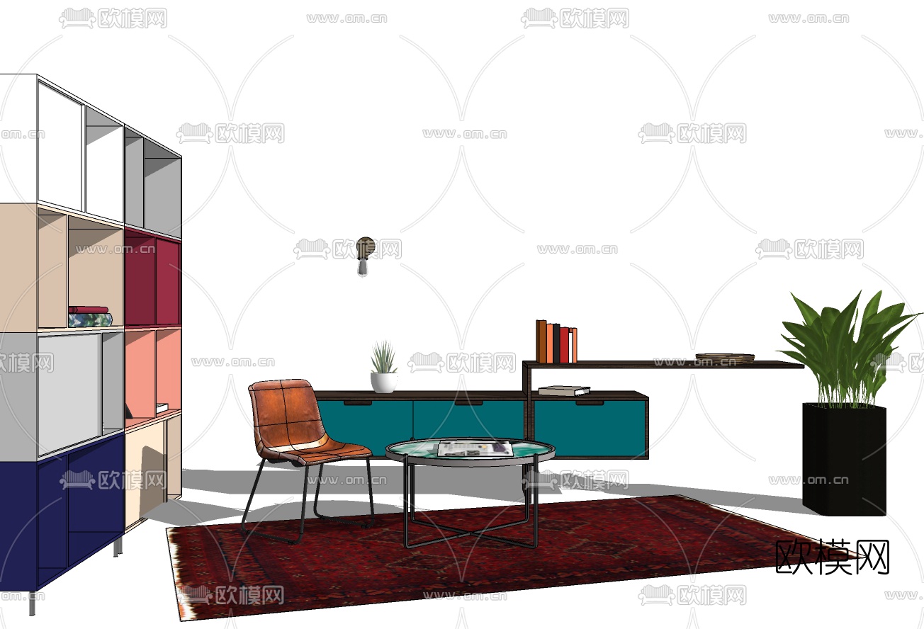 现代单椅装饰柜组合su模型下载（渲染图1）
