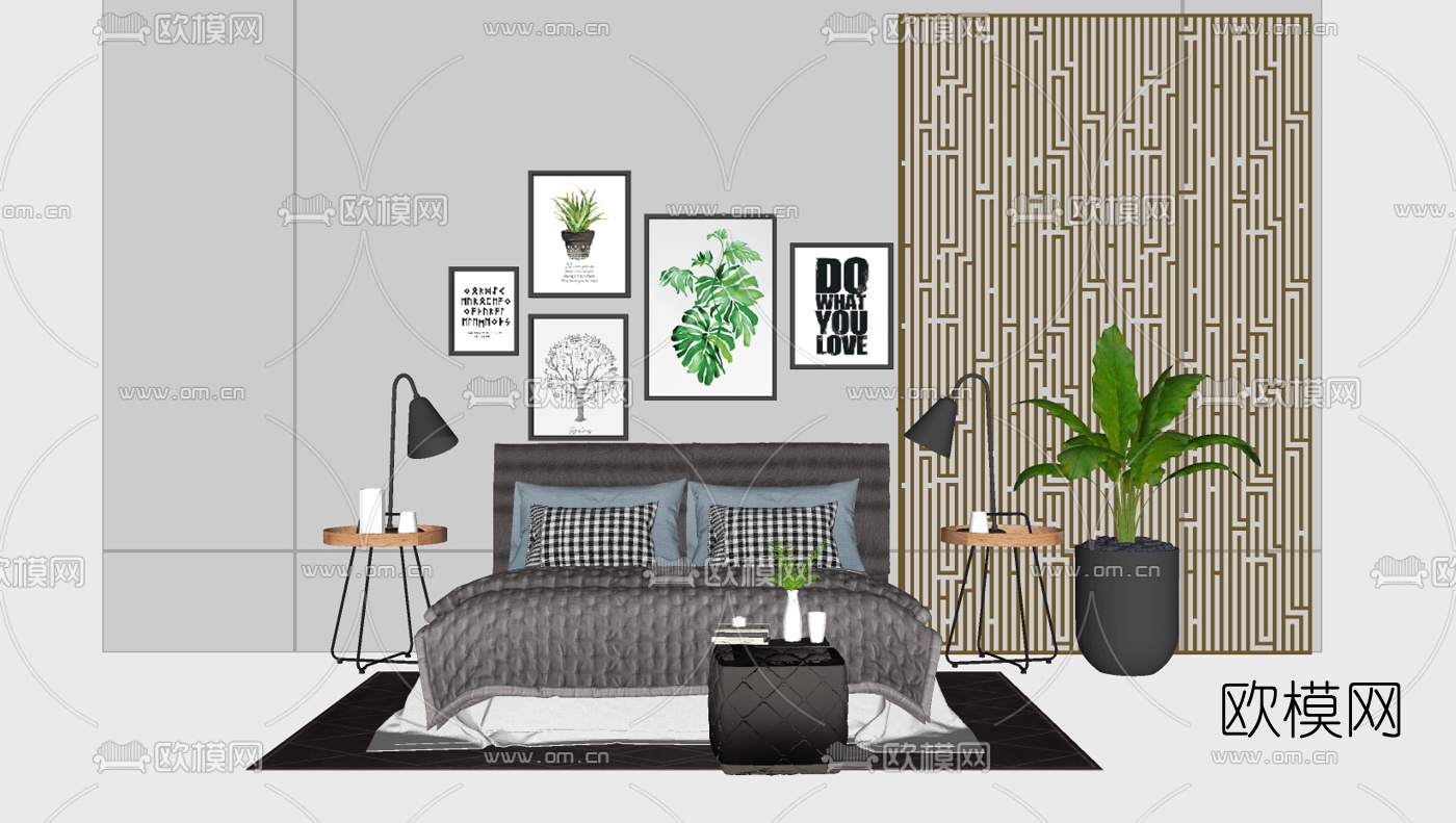 北欧双人床su模型下载（渲染图1）