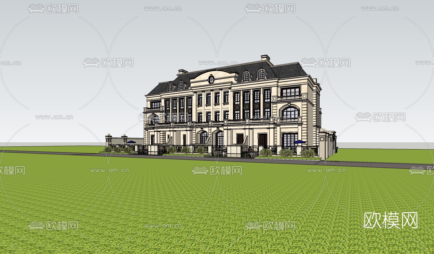 法式连排别墅su模型下载（渲染图1）