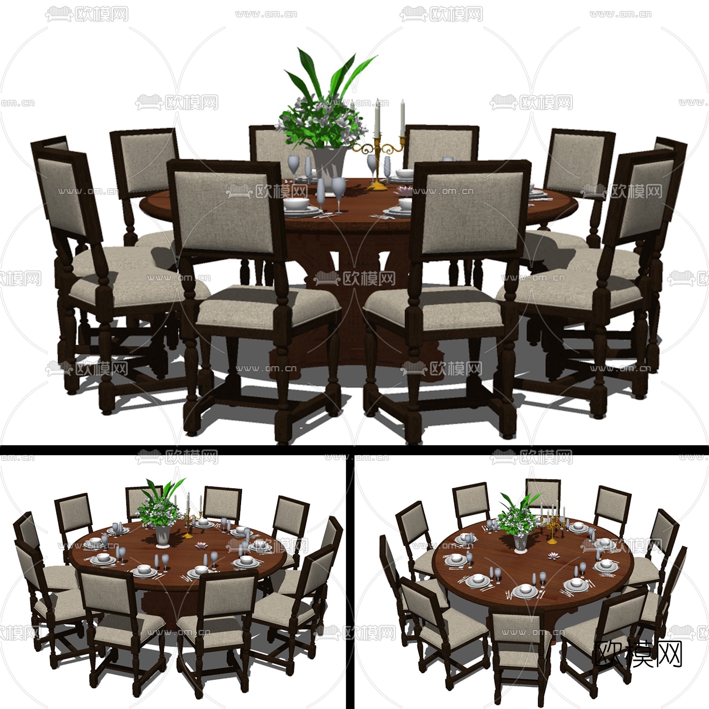 美式实木圆形餐桌椅免费su模型下载（渲染图4）