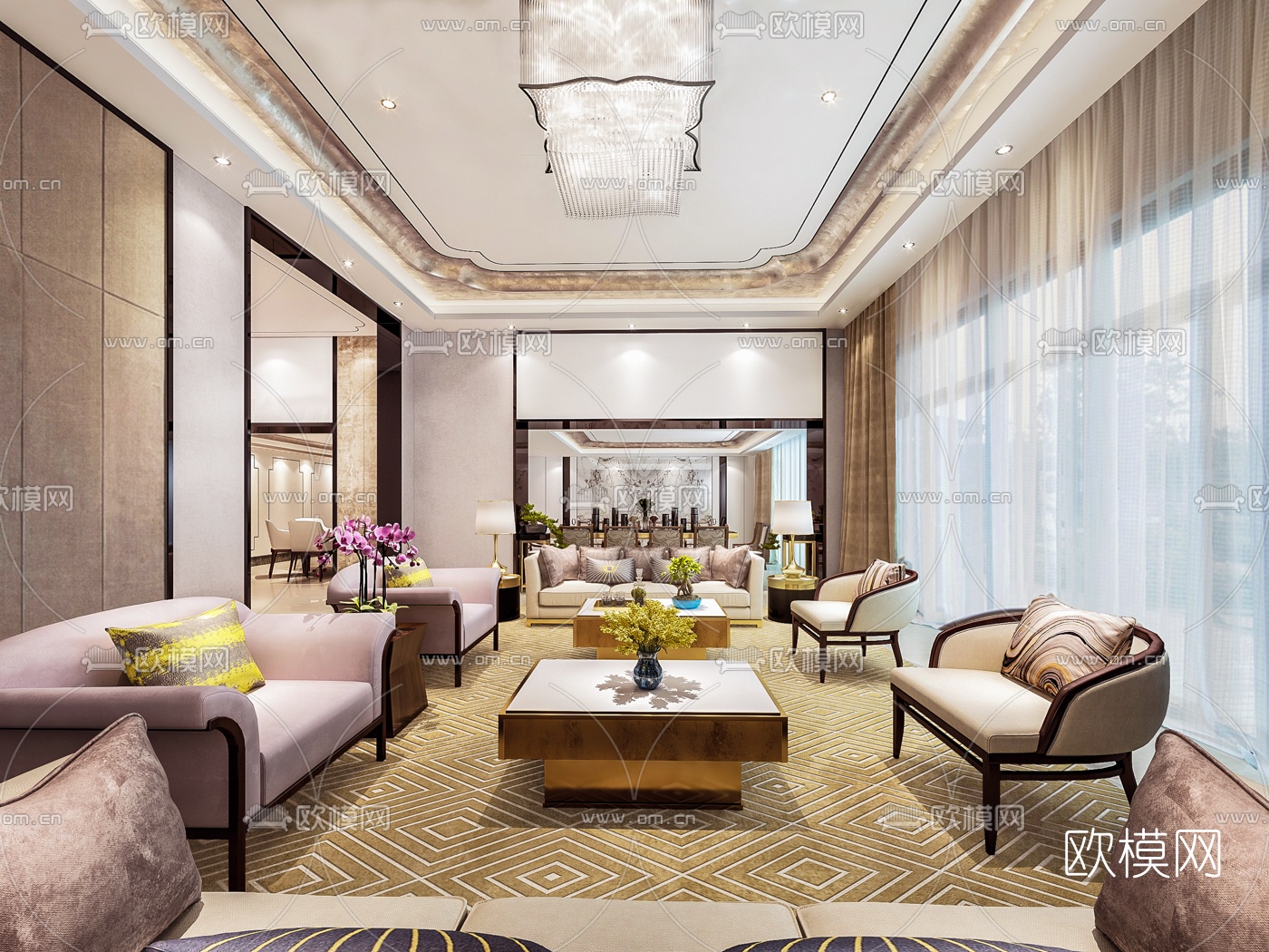 现代会所会客厅招待室3D模型下载（渲染图1）