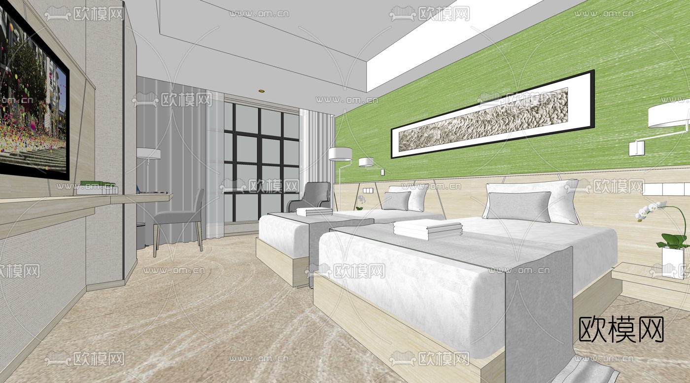 北欧酒店客房双人房su模型下载（渲染图2）