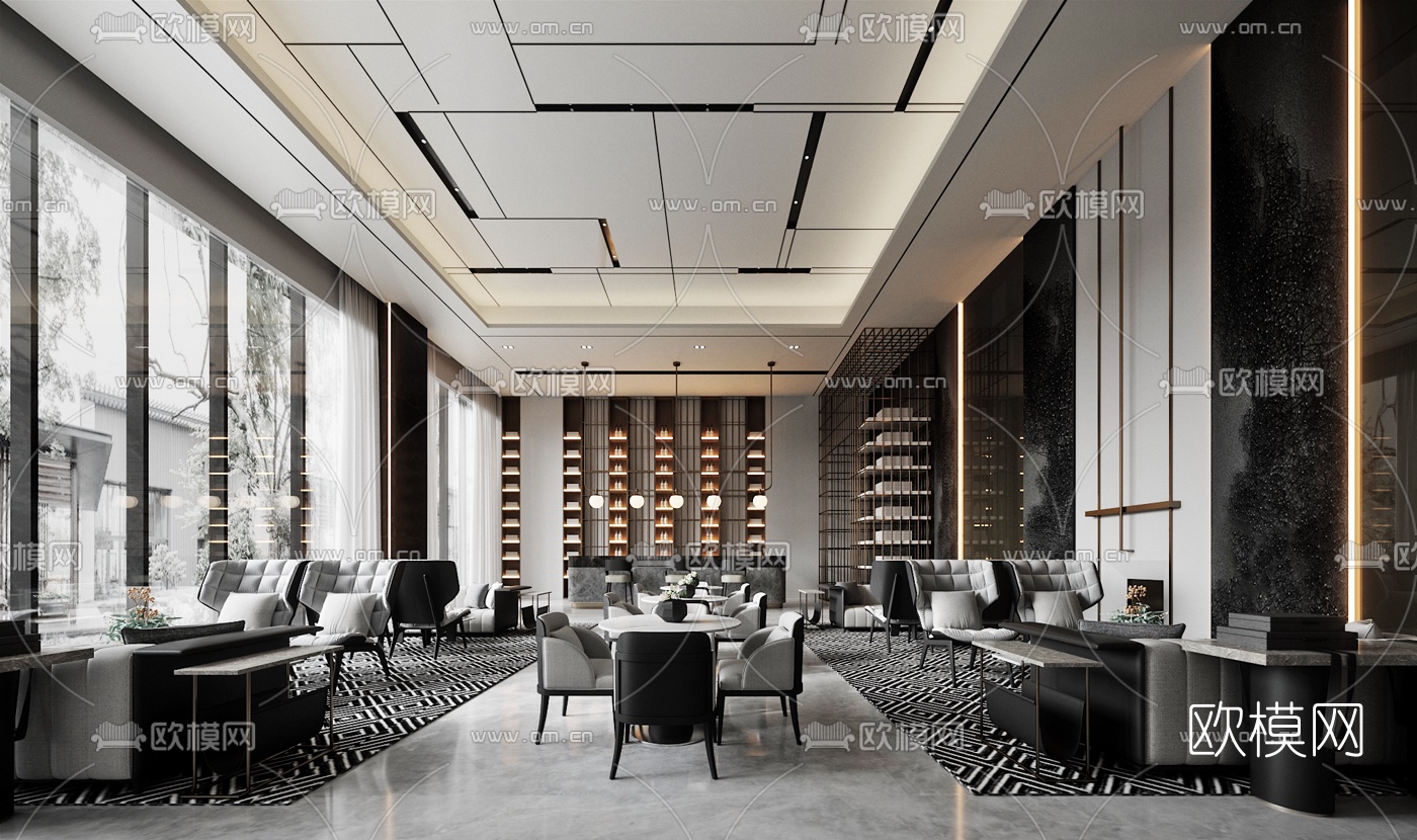 新中式酒店大堂接待区3d模型下载