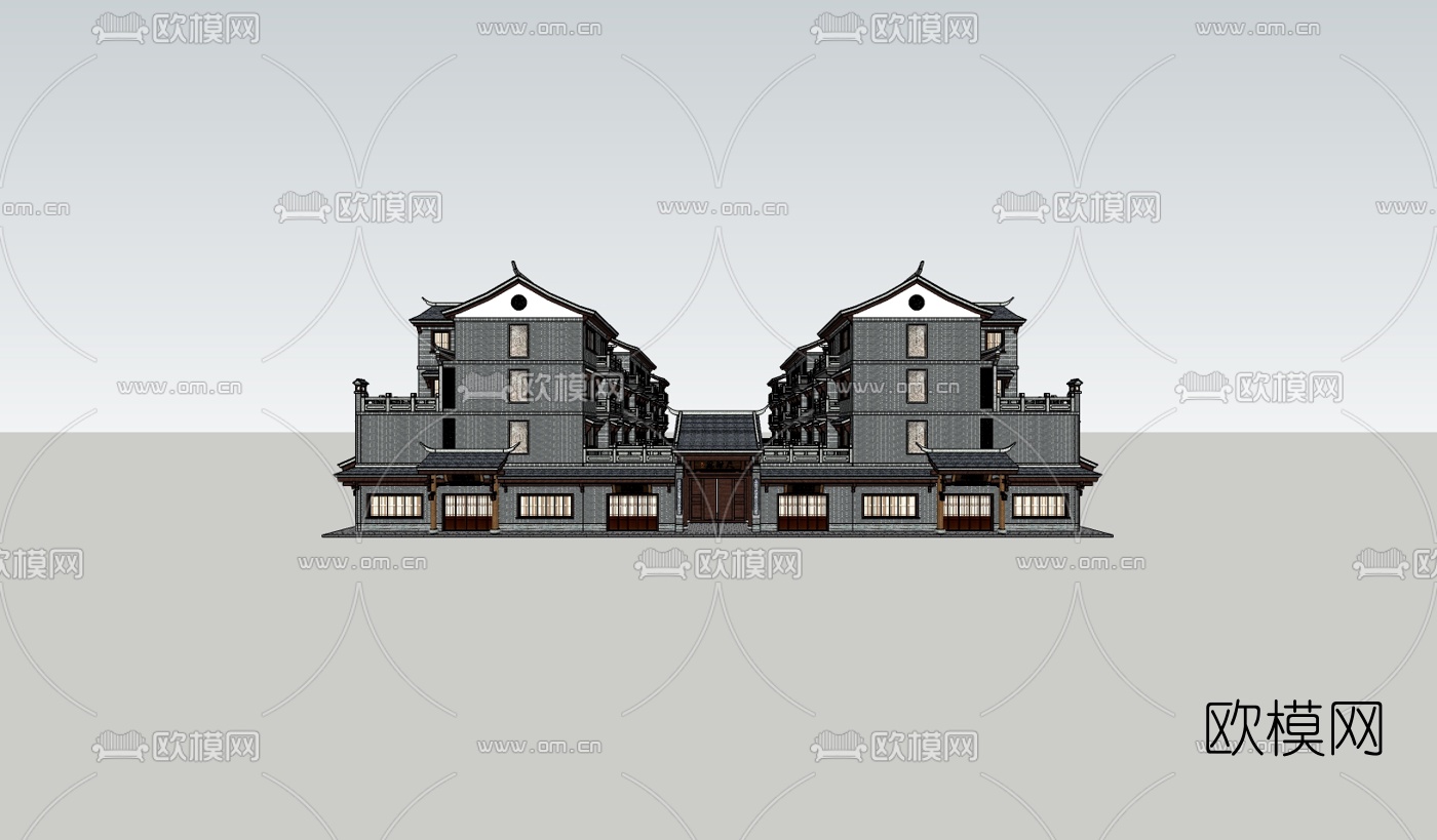 中式连排别墅su模型