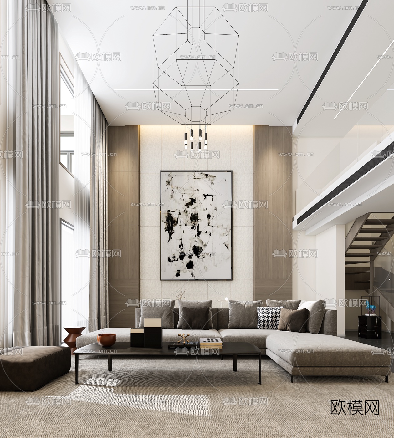 现代别墅客厅餐厅厨房3d模型