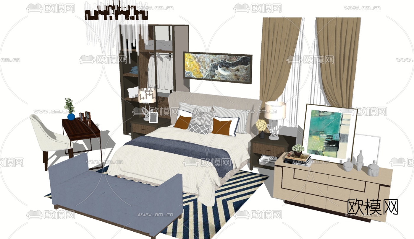 现代双人床组合su模型下载（渲染图2）