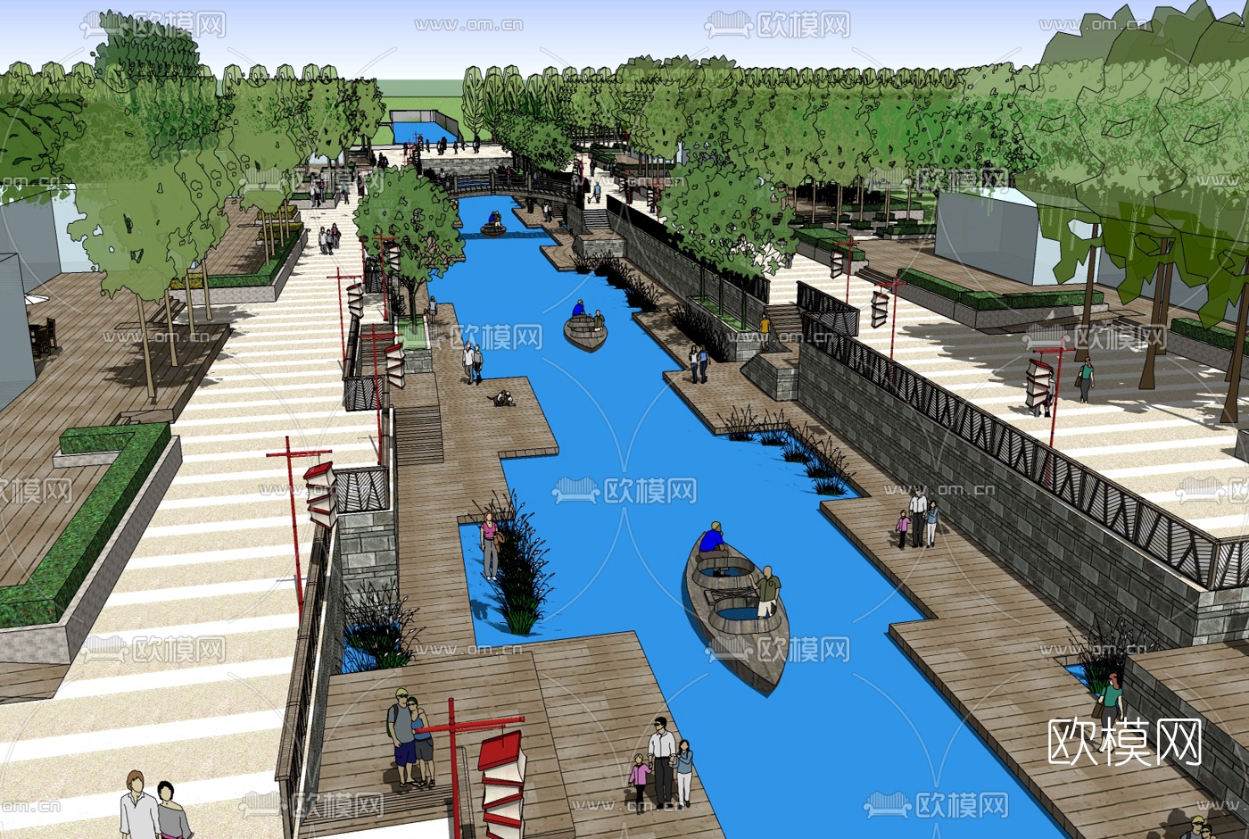 中式沿河街道景观设计su模型-免费3dmax模型库-欧模网