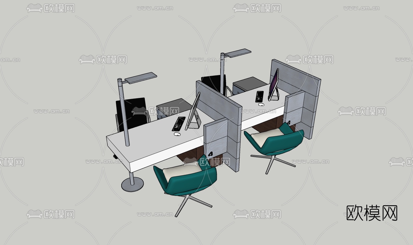 现代卡座办公桌椅组合su模型下载（渲染图1）