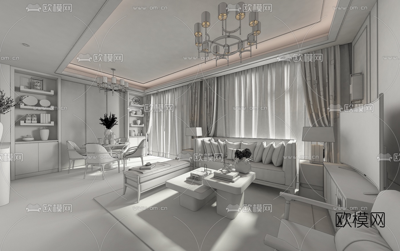 江河摄影 新中式客厅餐厅3d模型