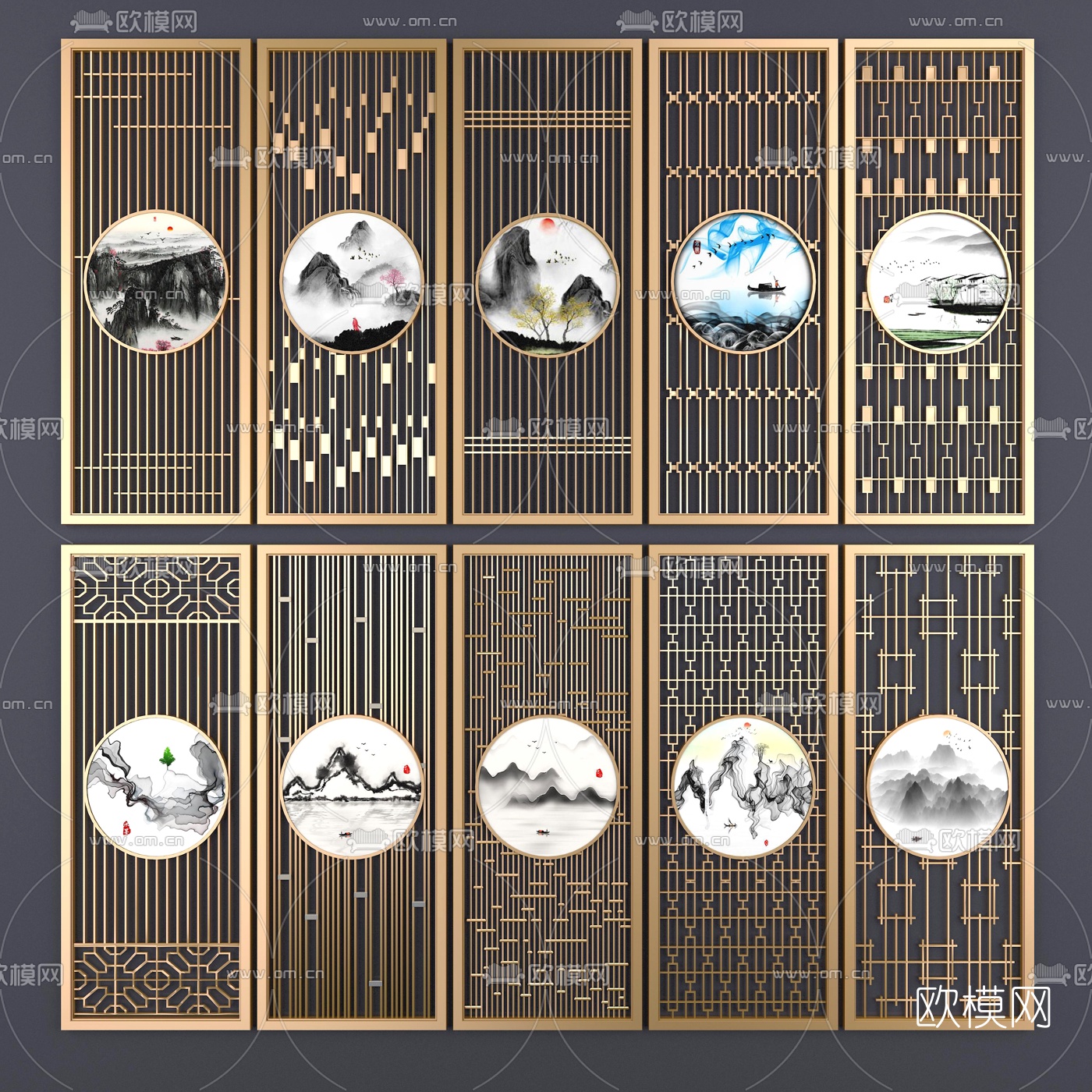 新中式金属隔断屏风3d模型下载