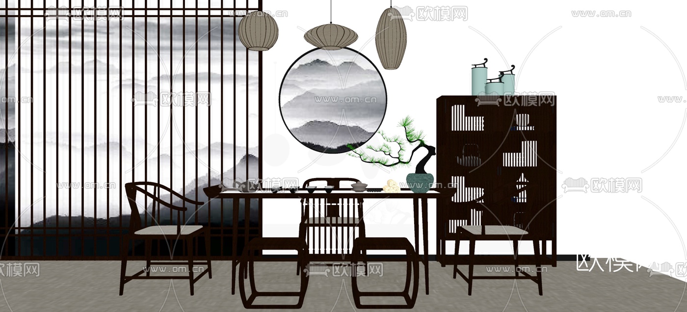 新中式实木茶桌椅组合su模型下载（渲染图1）