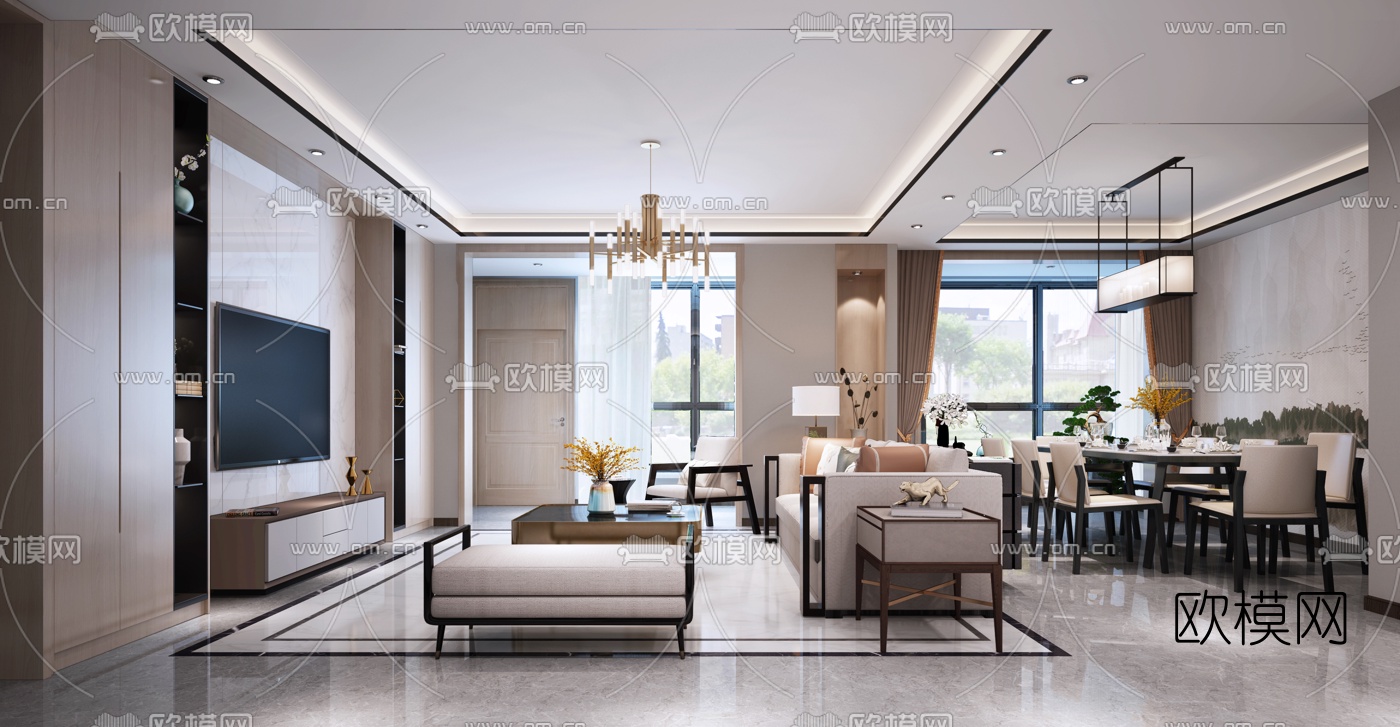 新中式客厅餐厅3D模型下载（渲染图1）