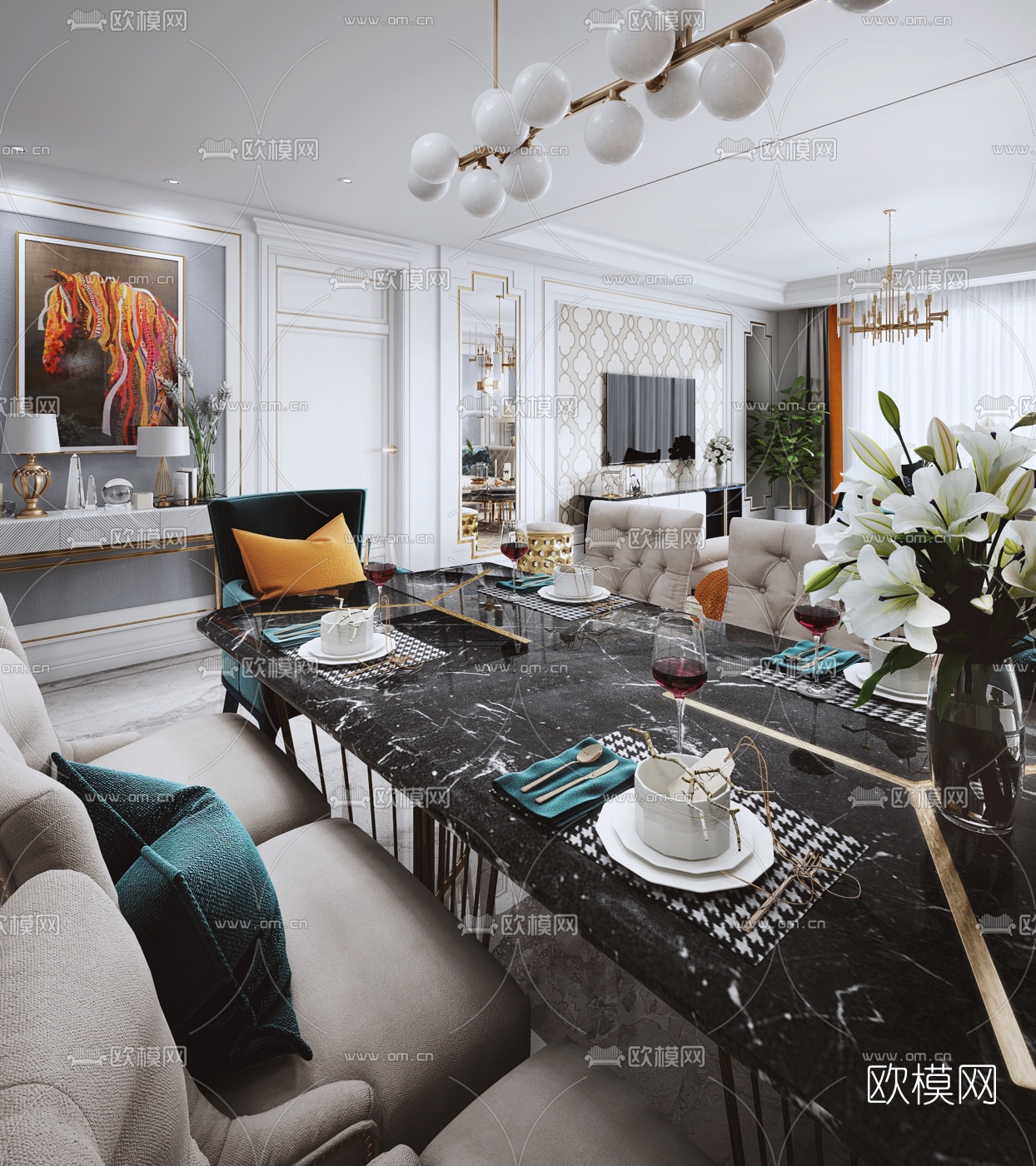 简美客厅餐厅门厅3d模型