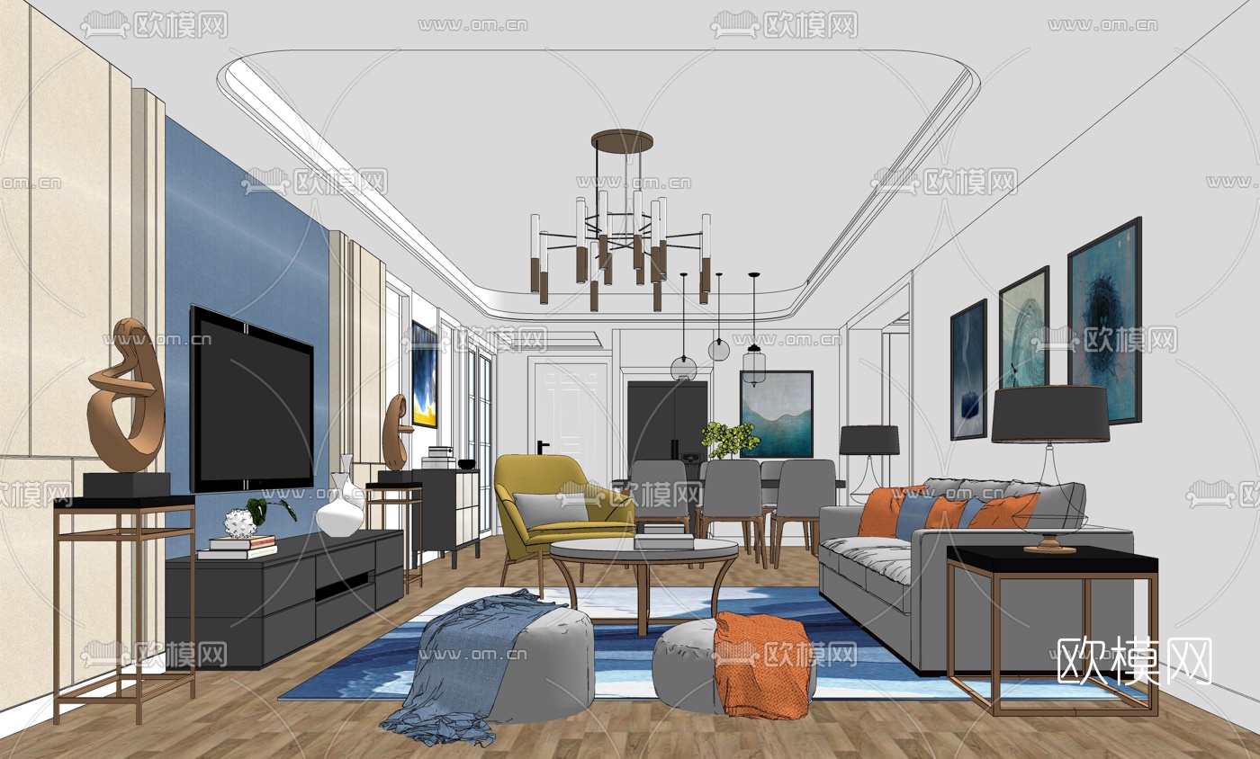 现代轻奢客餐厅su模型下载（渲染图1）